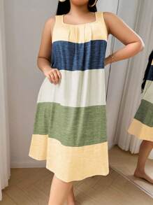 SHEIN Colorful Striped Print Plus Size Casual Nightgown, Moo Moo - Yellow - View 3
