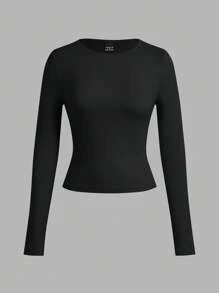 SHEIN EZwear 女款三件套黑灰色花卉印花紧身宽松领长袖T恤套装 - 彩色 - 查看 4