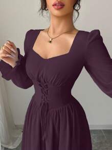 Modelyn Váy thắt eo màu trơn kiểu Pháp thanh lịch - Màu tím - Xem 3