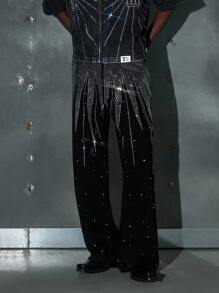 NEON BLANC 男士水钻装饰口袋直筒梭织牛仔裤，Emo 风格，垃圾摇滚风 - 黑色 - 查看 2