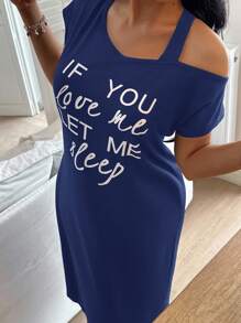 SHEIN 休闲蓝色针织睡裙，字母印花，不对称领口，Moo Moo - 藍色 - 查看 3