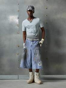 NEON BLANC Men's Washed Distressed Wide Leg Denim Shorts - Blue - View 7