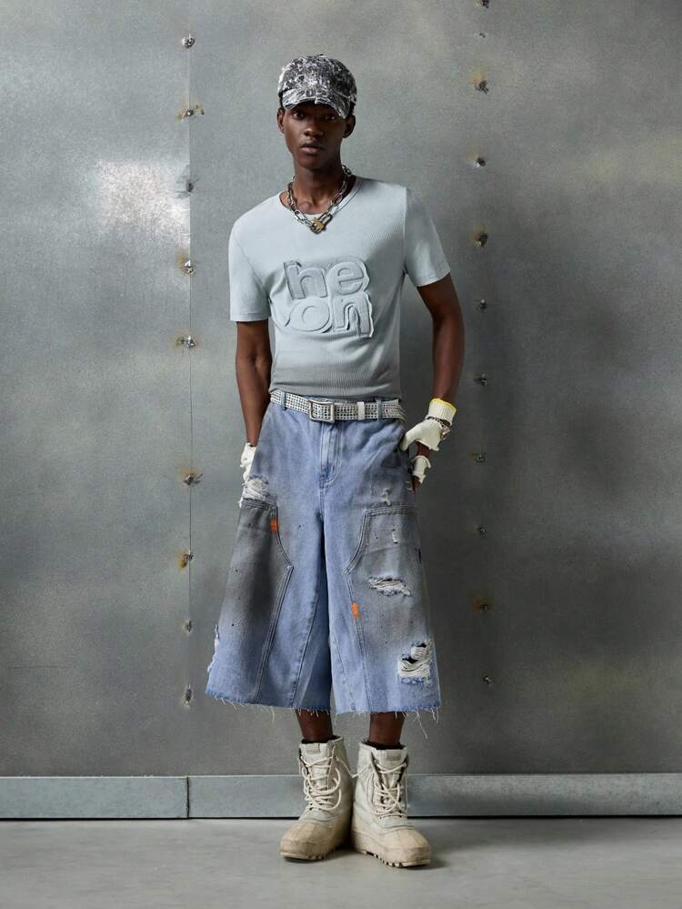 Men's Washed Distressed Wide Leg Denim Shorts