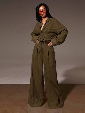 Athîral 女式休闲日常宽松纽扣前落肩连体裤