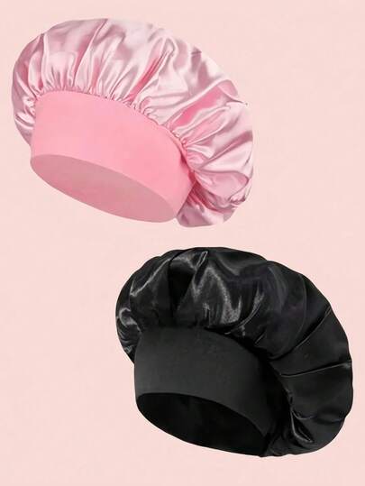 SHEIN 1PC Silk Sleep Cap Satin Bonnet Soft Elastic Band Hair Wrap For Women Black Pink Blue Home Bath Decor Summer Back To School Classic Solid Color Curly Waves Wide Brim Stretchy Satin Hat For Ladies Night Hair Care Gift