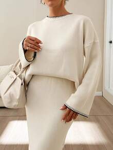 EURMUSE Women Stitch Detailed Round Neck Drop Shoulder Pullover & Sweater Skirt Set Cream Two Piece Set Beige Two Piece Set Elegant Two Piece Set Comfortable Two Piece Set Knit Two Piece Set,Petite,Winter Clothes - Beige - View 3