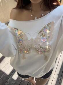 Sunnyshic Áo nỉ dài tay dáng rộng in hình bướm 3D cho nữ mùa thu - trắng - Xem 8