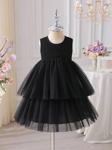 Robe de fille jeune à col rond sans manches avec couches de maille de luxe, robe épaisse et élaborée noire de style gâteau, été