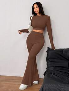SHEIN EZwear 2件套女士休闲纯色针织圆领长袖短款上衣和高腰喇叭裤套装 - 棕色 - 查看 6