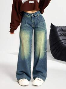 SHEIN PETITE Jeans de mezclilla lavados de cintura alta y pierna ancha, estilo casual y vintage de streetwear Y2K para mujer - Azul - Ver 1