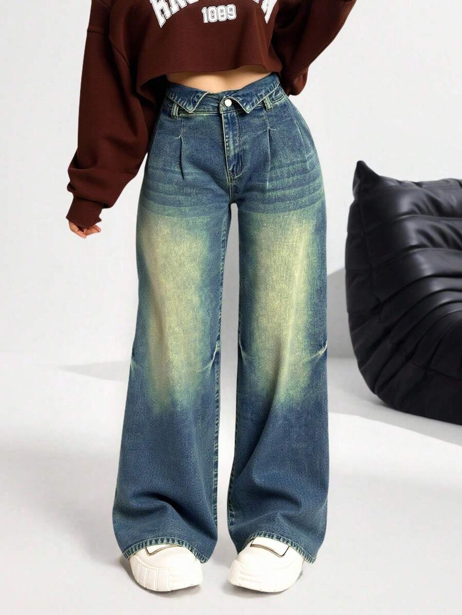 SHEIN PETITE Jeans de mezclilla lavados de cintura alta y pierna ancha, estilo casual y vintage de streetwear Y2K para mujer - Azul - Ver 1