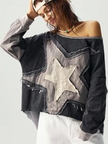 Bohemela Plus Size Women's Asymmetrical Neck Star Patch Loose Long Sleeve Casual Blouse Patchwork Top Star Top,Fall Clothes For Women - Dark Grey - View 4