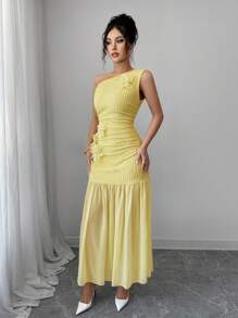 Modelyn 女士 3D 花黄色雪纺拼布不对称肩部连衣裙 - 黃色 - 查看 6