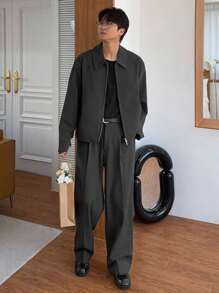 DAZY 男士深灰色通勤夹克和西装裤套装，秋季 - 深灰色 - 查看 5