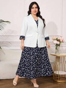 Reflora Plus Size Floral Patchwork Suit Jacket And Dress Set In Fall/Winter - Multicolor - View 5