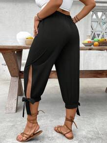 SHEIN CURVE+ Plus Size Women Solid Color High Waist Drawstring Ankle Tie 3/4 Pants, Spring & Summer - Black - View 2