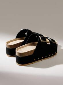 Solecia 女士春夏新款舒适增高搭扣平底半拖圆头厚底露趾休闲百搭度假风黑色凉鞋户外沙滩女鞋 - 黑色 - 查看 3