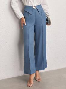 Modelyn Fashionable New Elegant Commuting Metal Buckle Waist Design Women Pants Fall Cloth For Women - Dusty Blue - View 3