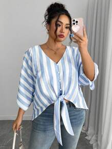 Elenzga Plus Size V-Neck Blue And White Striped Shirt,Loose Tie Front Top With Shoulder Straps,Summer Smart Casual Vacation Blouse - Multicolor - View 4