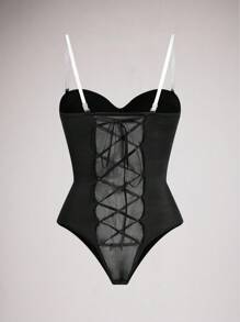 SuitURBody Bodysuit Feminino com Recortes em Tela e Acabamento Cruzado - Preto - Visão 7