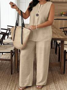 Bộ 2 món áo thun trơn không tay và quần dài dáng rộng cho nữ cỡ lớn - Màu be - Xem 4