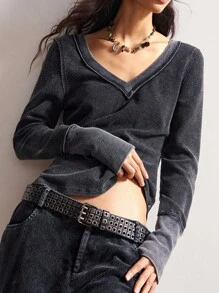 Bohemela 女士休闲纯色V领长袖针织上衣，波西米亚音乐节，秋冬 - 黑色 - 查看 5