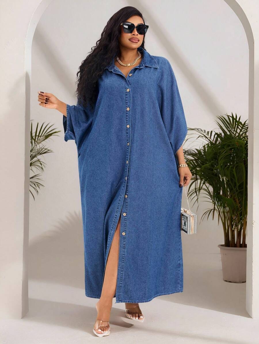 SHEIN SXY Plus Size Women Autumn Simple Front Button Loose Denim Shirt Dress Old Money Style Holiday Style Loose Dress Vacation Outfit