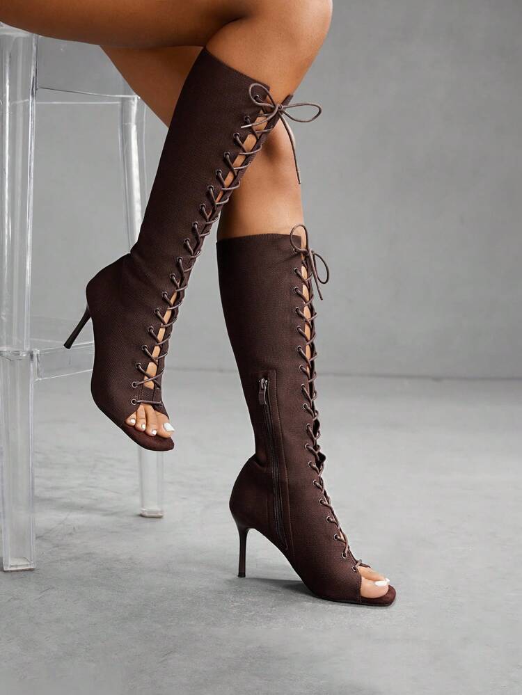 CUCCOO SZL Fashion Criss-Cross Strappy Peep-Toe Knee-High Boots For Christmas Spring Shoes