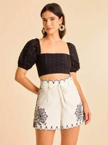 CAJUNI Vacation Casual Summer Tropical Bohemian Style Retro Print Wavy Hem Tie Front Women Shorts - Multicolor - View 4