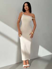 SHEIN PETITE Elegante effen asymmetrische getailleerde lange jurk voor dames, zomer