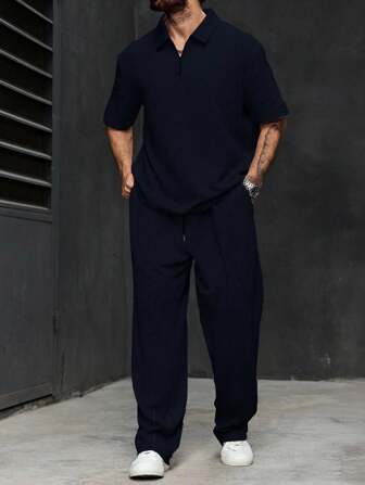 Manfinity Homme Plus Size Men 2pcs Set - Short Sleeve Solid Polo Shirt And Pants