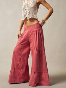 Bohemela Pantalones anchos de talla grande de unicolor informal - Rosa Roja - Ver 2