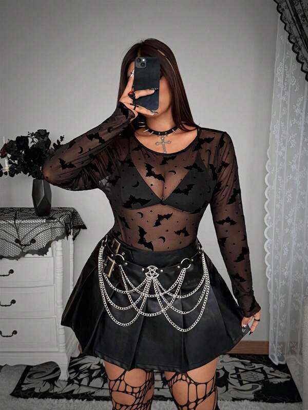 Whyspr Halloween Dark Bat & Flocked Flower Print Elastic Knitted Women Plus Size Top