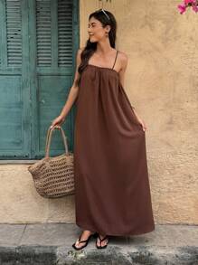 Breezaya Women Vacation Casual Solid Color Spaghetti Strap Dress