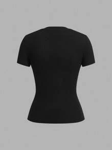 SHEIN EZwear 2 件套休闲简约黑色和卡其色短袖圆领基本款 T 恤，春夏 - 彩色 - 查看 4