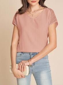 Amorya Reference White Lace Crochet Textured Button Back V-Neck Blouse