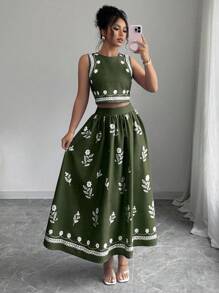 Elenzga Women Floral Print Crew Neck Sleeveless Top And Pleated Mini Skirt 2pcs Set, Fashionable