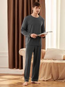 Manfinity Underwear&Sleepwear Basics 2pcs Men Solid Color Crew Neck Long Sleeve T-Shirt And Pants Loungewear Set