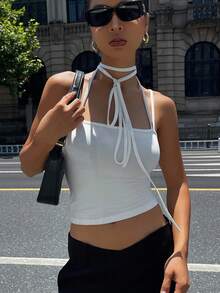 DAZY Camiseta de tirantes corta y ajustada de unicolor para mujer de verano - Blanco - Ver 4