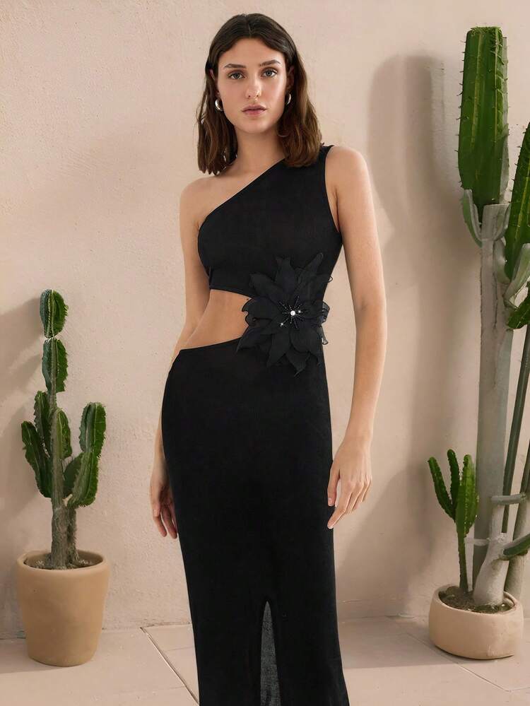 SHEIN Maija Women's Black Sleeveless Textured Shiny Fabric Hollow Out Waist Elegant Floral Decor Sexy Dress For Party, Holiday, Music Festival, Summer