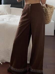 DAZY Contrast Color Drawstring Fringe Trim Casual Vacation Wide Leg Pants, Women Autumn Long Trousers - Brown - View 4