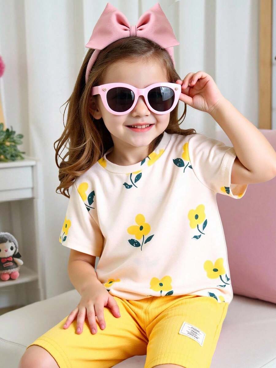 Elladie kids Summer Young Girls Flower Print Round Neck Short Sleeve T-Shirt&Ribbed Comfortable Fashion Pants - Yellow - View 1