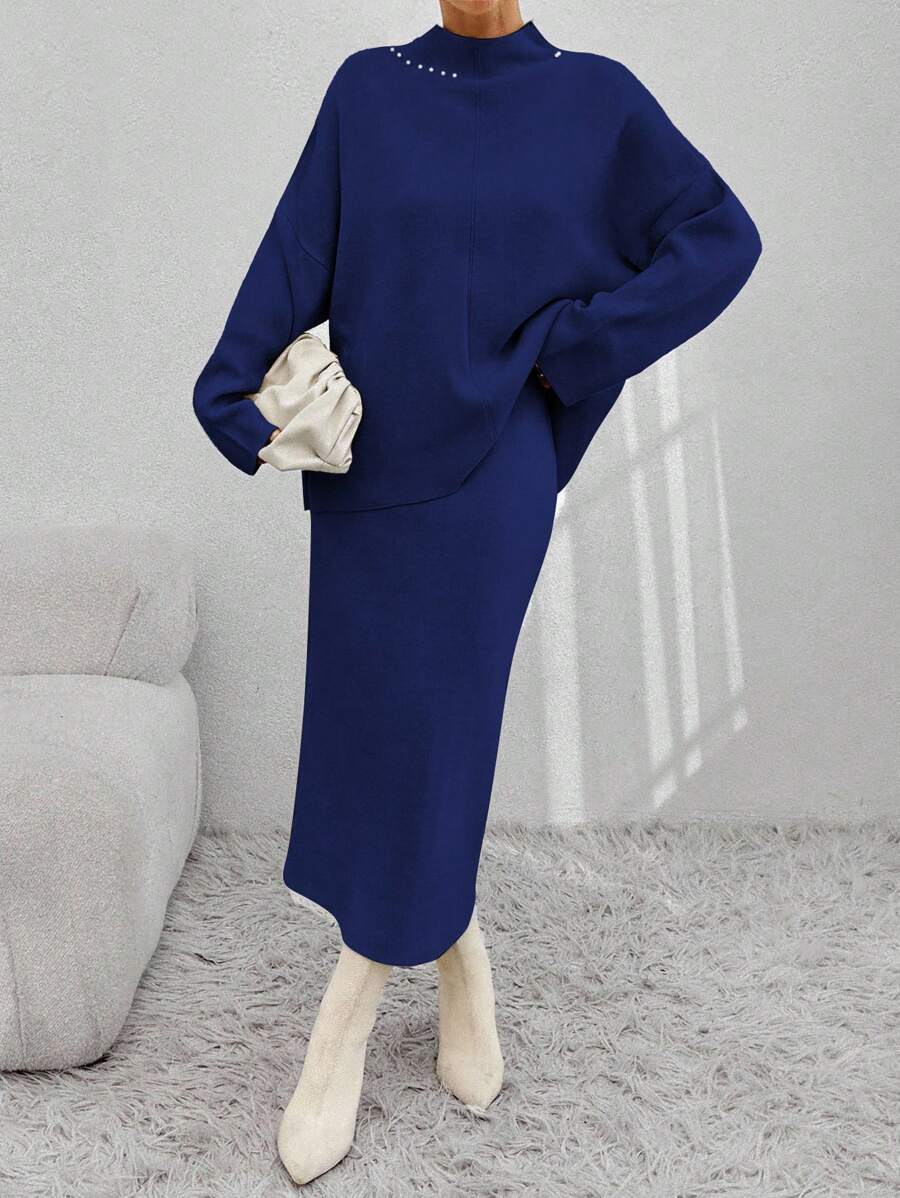 SHEIN Cottnline طقم تنورة وديكورات كاجواليد خريف/شتاء - أزرق بحري - مشاهدة 1