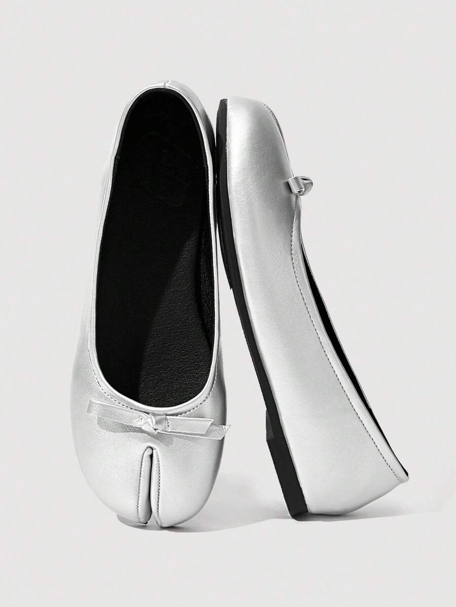 SheIn MOD Women's Round Toe Bow Classic Retro Flat Shoes - Silver - View 1