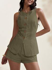 Easelle Olive Green Woven Vest & Shorts Women 2pcs Suit Set In Fall/Winter