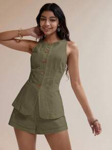 Easelle Olive Green Woven Vest & Shorts Women 2pcs Suit Set In Fall/Winter