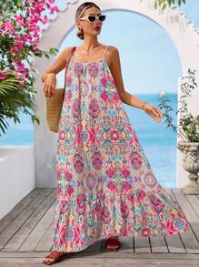 Vivid Eden 女士休闲无袖连衣裙，荷叶边下摆，休闲印花图案，适合度假穿着 - 彩色 - 查看 4
