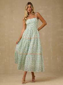 Enchnt Vestido de tirantes con volantes y estampado floral diminuto para mujer, conjunto elegante de vacaciones