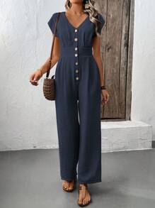 SHEIN LUNE Women's Solid Color Button V-Neck Wide Leg Loose Casual Jumpsuit
