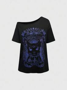 ROMWE Goth Plus Size Asymmetric Collar Plus Size Black Cat Mysterious Graphic T-Shirt - Royal Blue - View 1